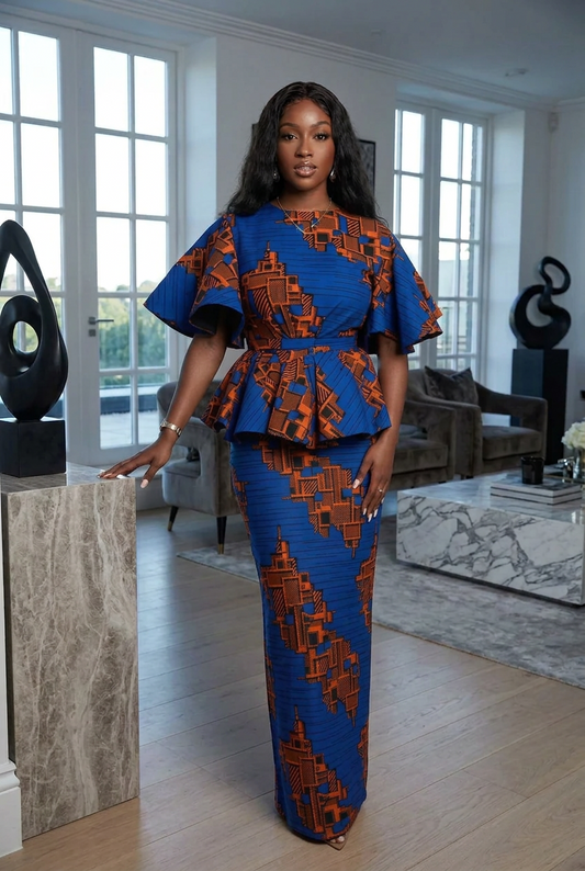 Copia de VESTIDO CORTO DE FIESTA CON ESTAMPADO ANKARA MULTIAFRICANO VERDE NARANJA TALLA MÁS