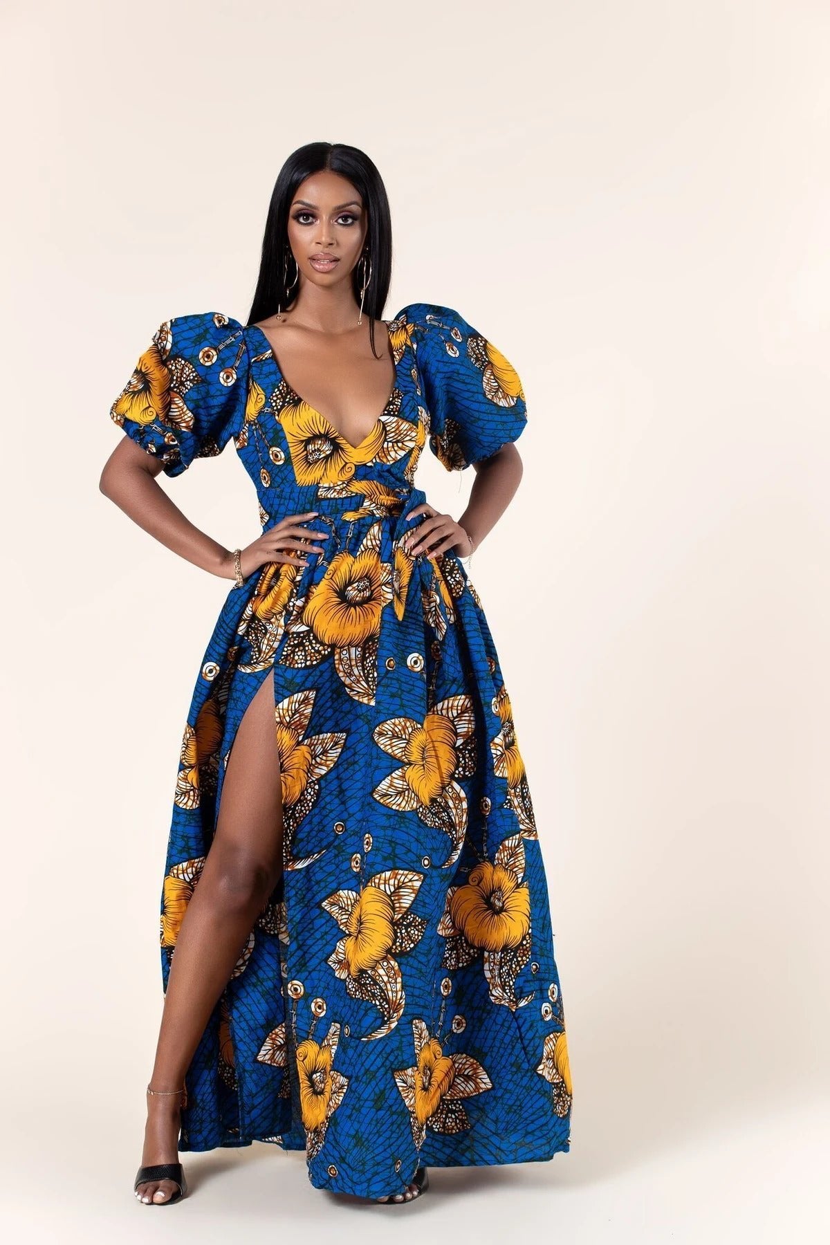 BLUE MUSTARD YELLOW AFRICAN ANKARA PRINT PLUS SIZE CLOTHING PARTY DRESS - Africanclothinghub UK, US, Canada