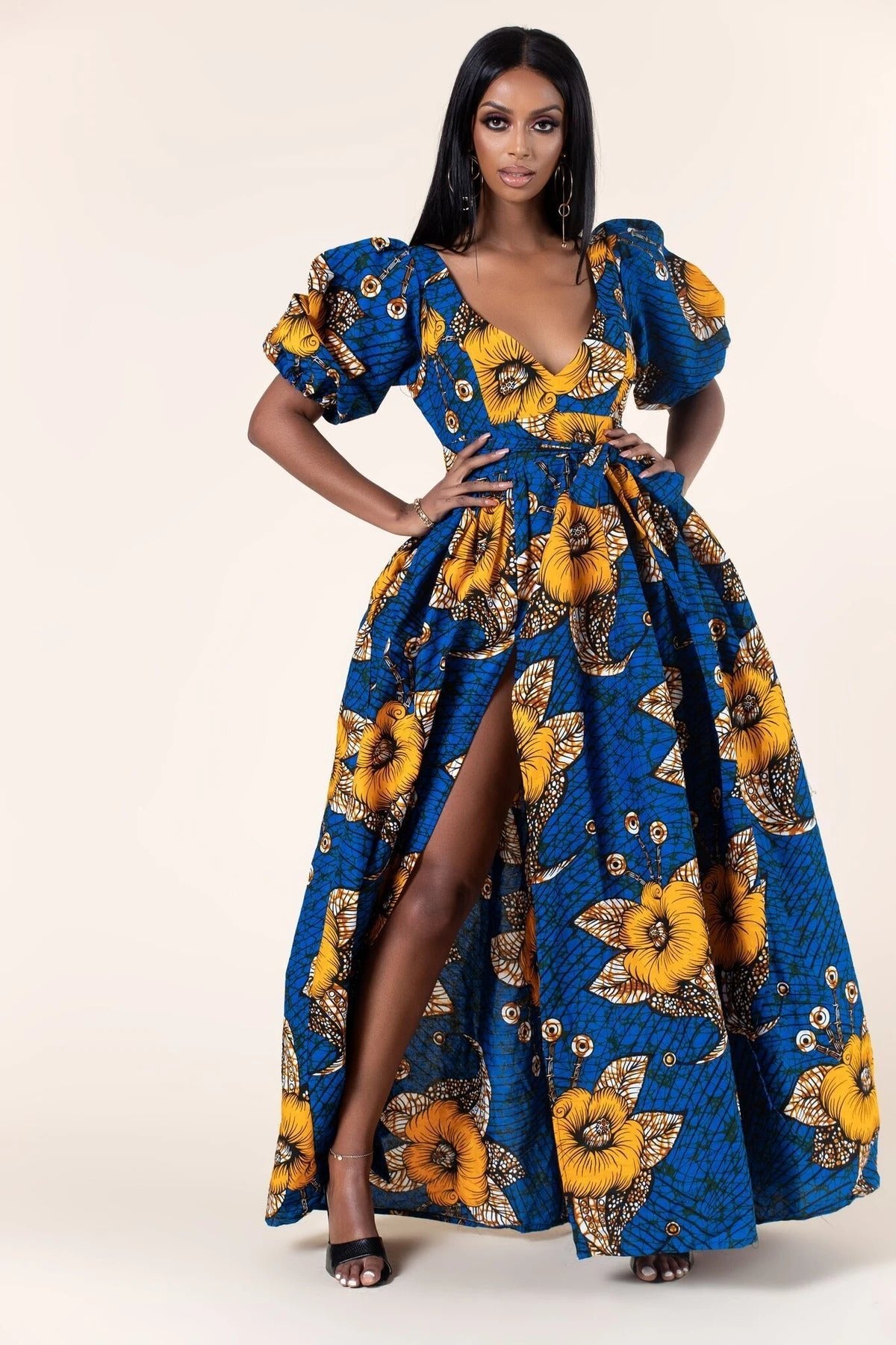 BLUE MUSTARD YELLOW AFRICAN ANKARA PRINT PLUS SIZE CLOTHING PARTY DRESS - Africanclothinghub UK, US, Canada