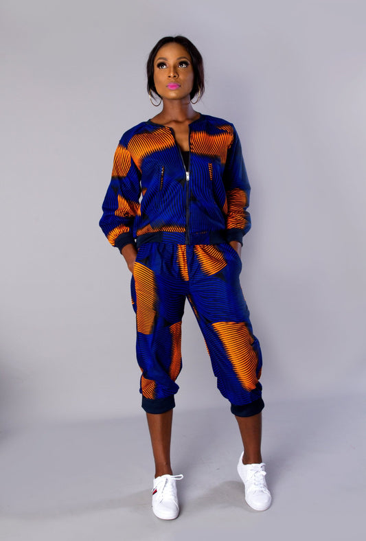 Blue Orange African Ankara Print Plus Size Bomber Jacket Set/African Print jogger set/Ankara Print Two - Print clothing - Africanclothinghub UK, US, Canada