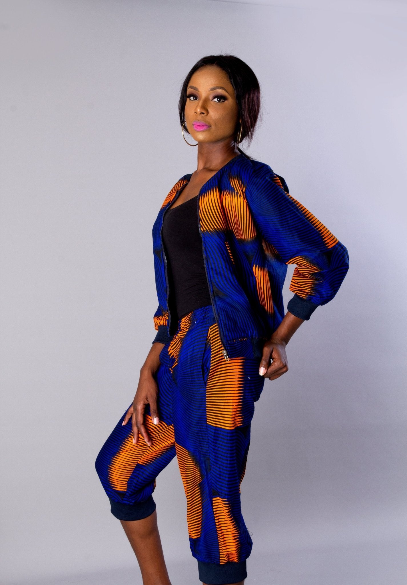 Blue Orange African Ankara Print Plus Size Bomber Jacket Set/African Print jogger set/Ankara Print Two - Print clothing - Africanclothinghub UK, US, Canada