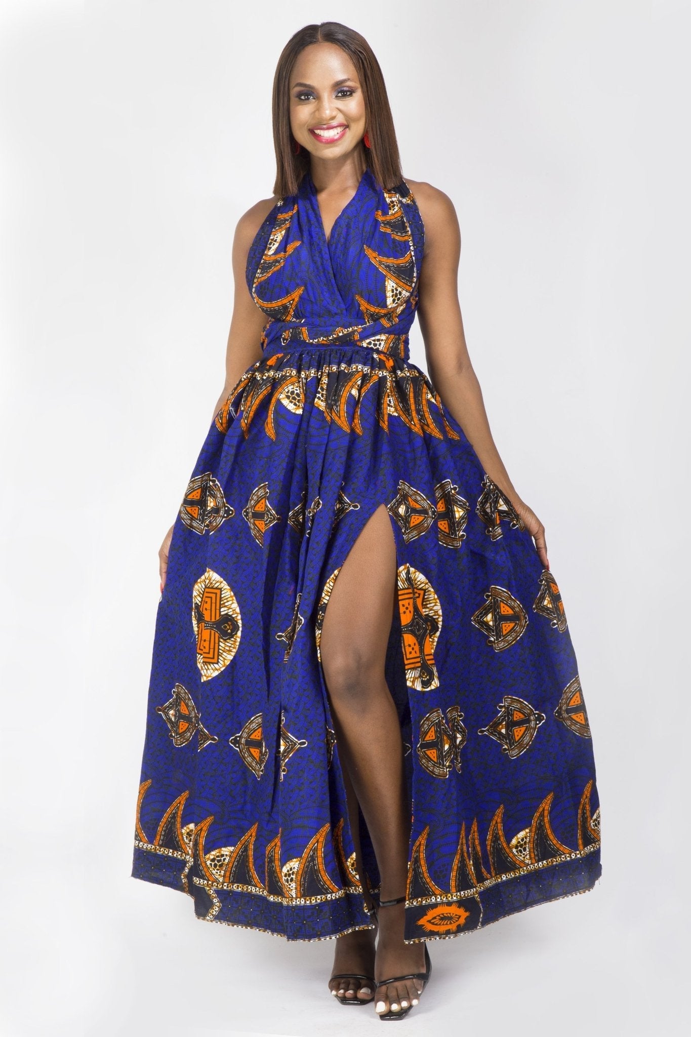 BLUE ORANGE AFRICAN ANKARA PRINT PLUS SIZE CLOTHING PARTY DRESS - Africanclothinghub UK, US, Canada