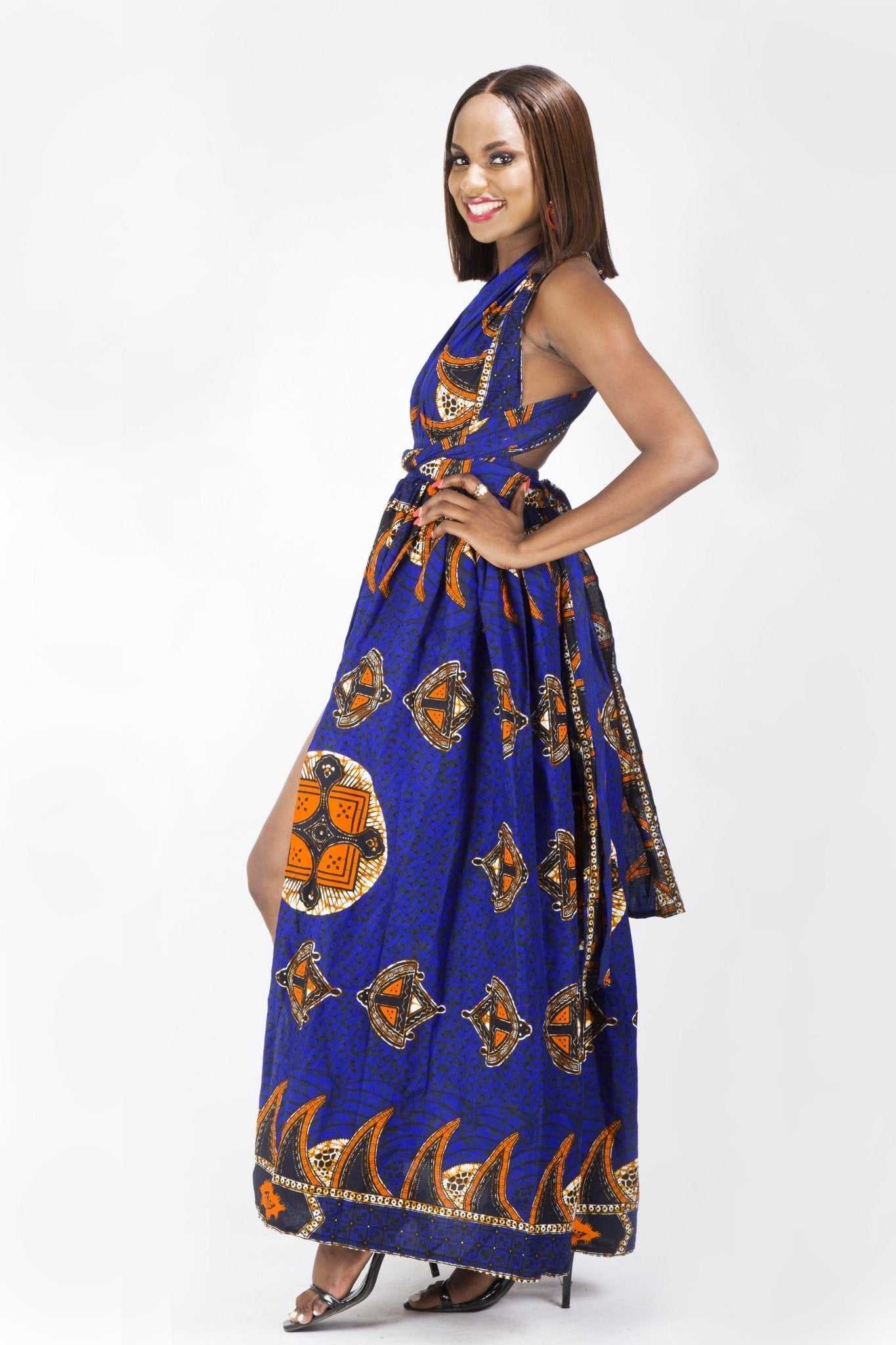 BLUE ORANGE AFRICAN ANKARA PRINT PLUS SIZE CLOTHING PARTY DRESS - Africanclothinghub UK, US, Canada