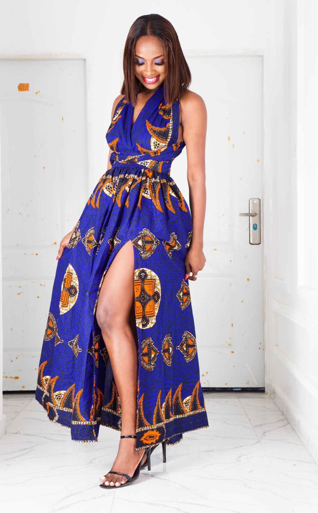 BLUE ORANGE AFRICAN ANKARA PRINT PLUS SIZE CLOTHING PARTY DRESS - Africanclothinghub UK, US, Canada