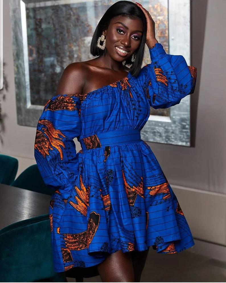 BLUE ORANGE MULTI AFRICAN ANKARA PRINT PLUS SIZE CLOTHING PARTY MAXI DRESS - Africanclothinghub UK, US, Canada