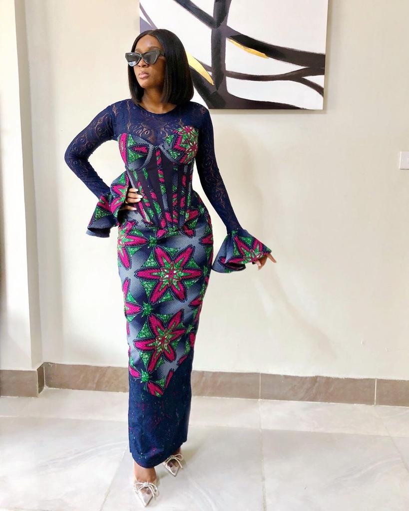plus size blue and pink dress Blue Pink African Ankara Print Plus Size Corset Dress with Long Sleeve Africanclothinghub