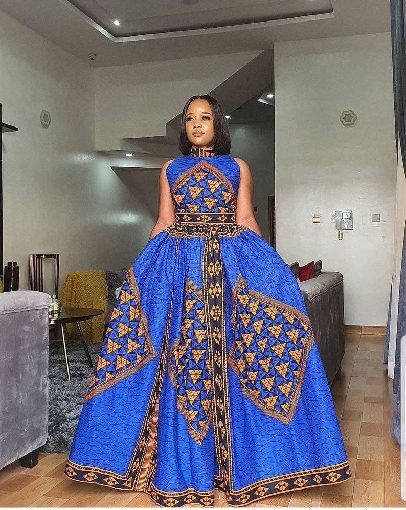 BLUE RED AFRICAN ANKARA PRINT LONG MAXI DRESS - Africanclothinghub UK, US, Canada