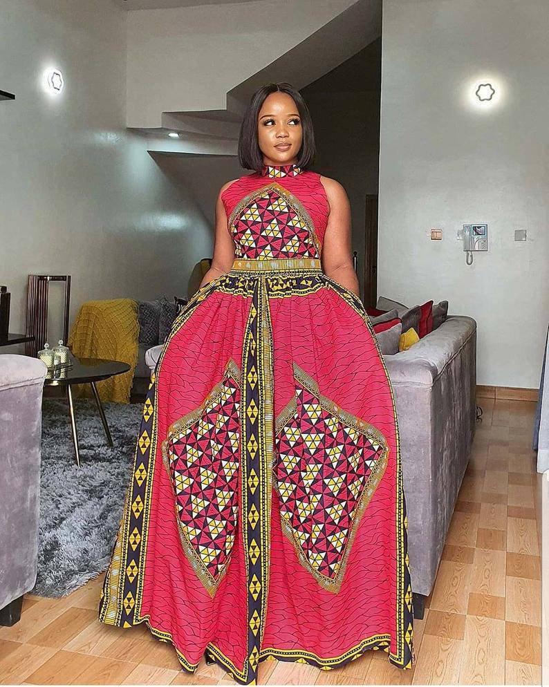 Blue Red African Ankara Print Long Maxi Dress Africanclothinghub Blue Red African Ankara Print Long Maxi Dress Africanclothinghub
