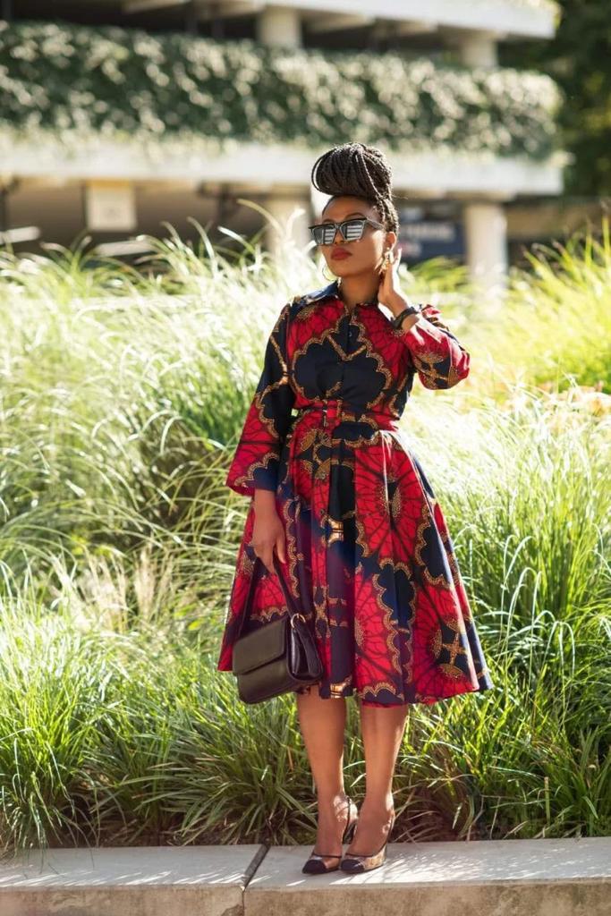 Blue Red African Ankara Print Midi Shirt Dress Africanclothinghub Blue Red African Ankara Print Midi Shirt Dress Africanclothinghub