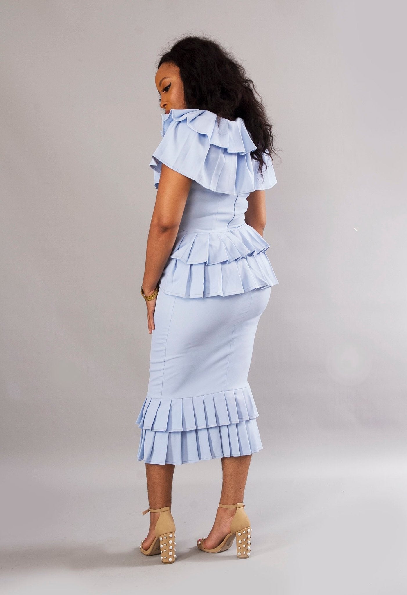 Blue Triple Pleated Layer Fitted Formal Midi Party Statement Dress - Africanclothinghub UK, US, Canada