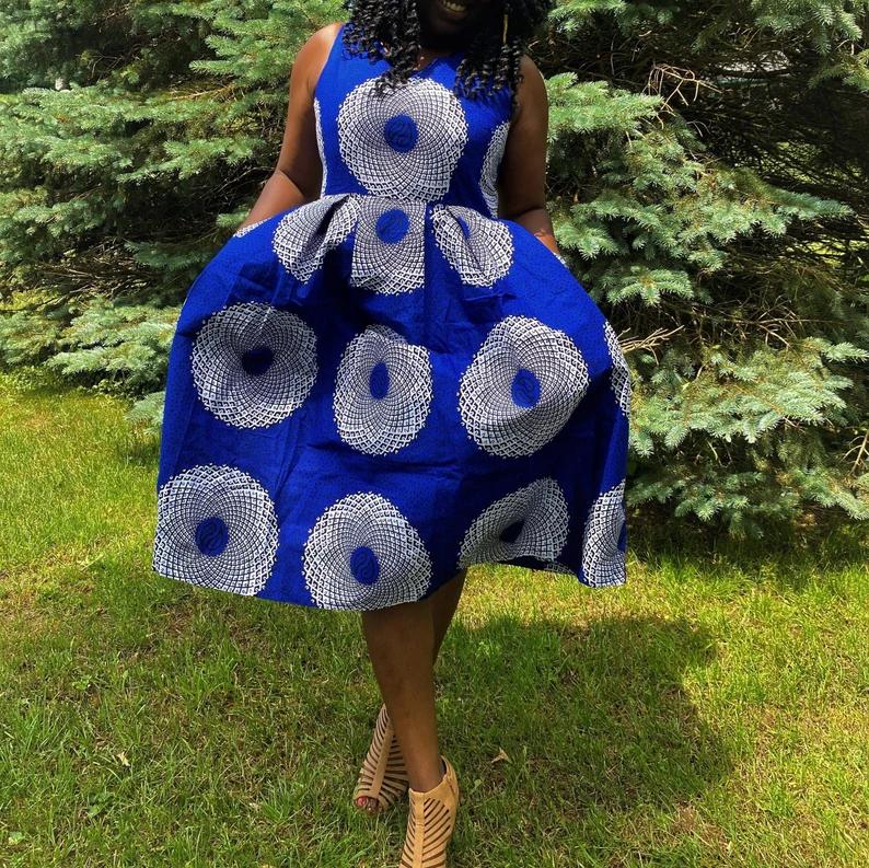 BLUE WHITE AFRICAN ANKARA PRINT PLUS SIZE CLOTHING PARTY DRESS - Africanclothinghub UK, US, Canada
