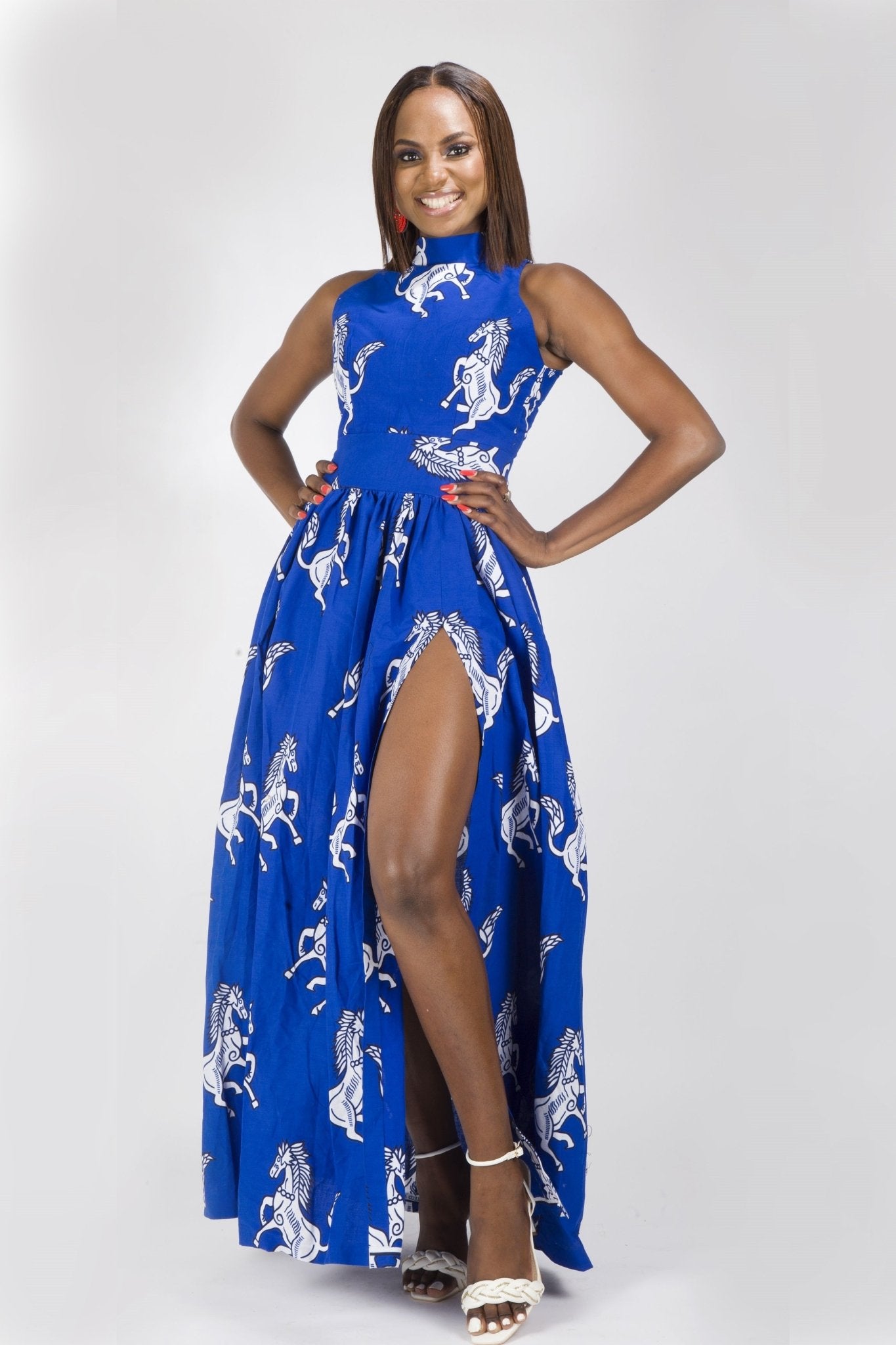 BLUE WHITE AFRICAN ANKARA PRINT PLUS SIZE CLOTHING PARTY MAXI DRESS - Africanclothinghub UK, US, Canada