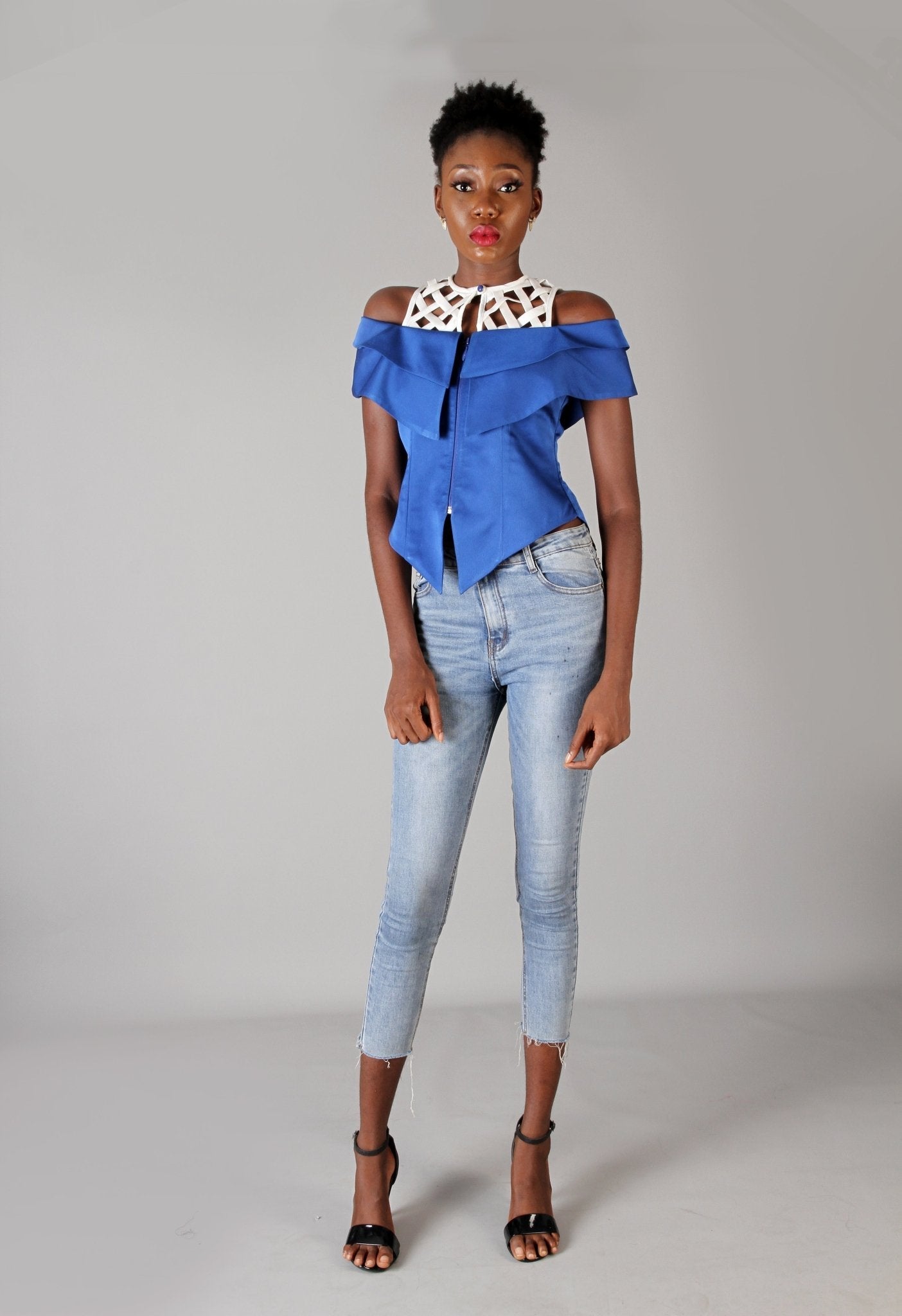 Blue White Asymmetric Fitted Statement Party Top - Africanclothinghub UK, US, Canada