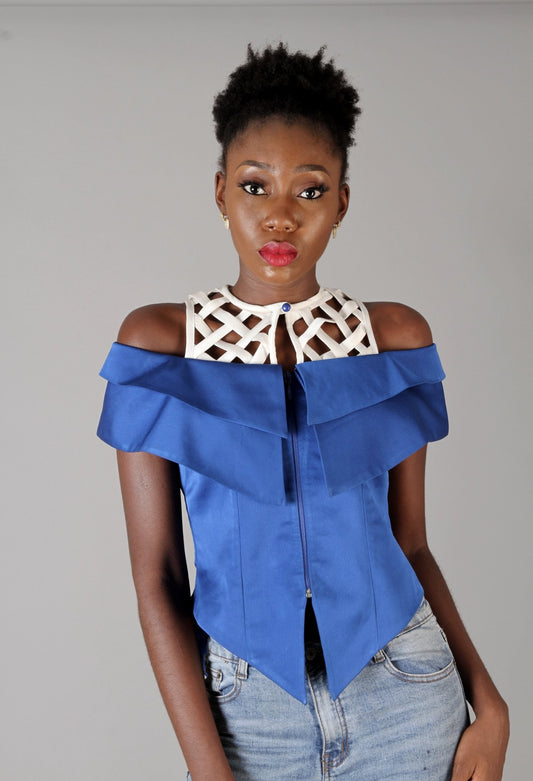 Blue White Asymmetric Fitted Statement Party Top - Africanclothinghub UK, US, Canada