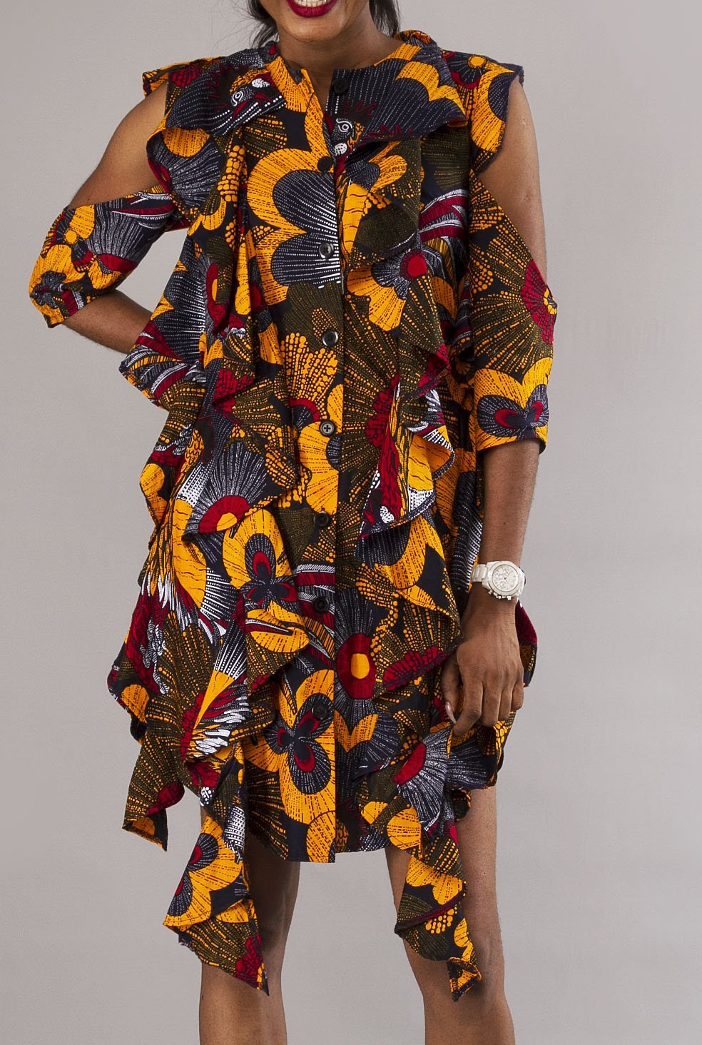 BLUE YELLOW AFRICAN ANKARA PLUS SIZE FORMAL SHIRT DRESS - Africanclothinghub UK, US, Canada