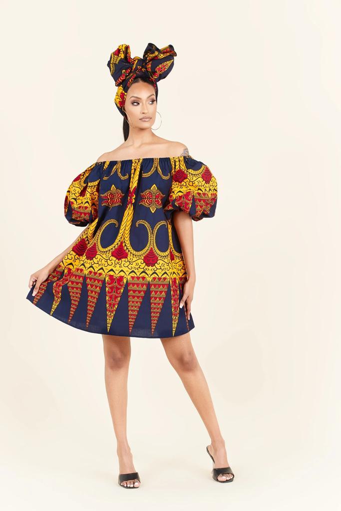 BLUE YELLOW PLUS SIZE AFRICAN ANKARA PRINT LONG SHIRT DRESS - Africanclothinghub UK, US, Canada