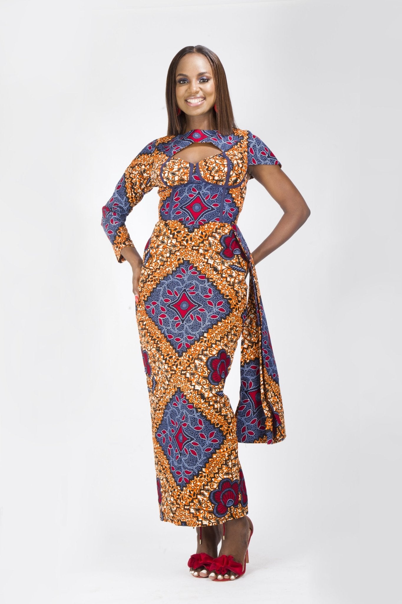 BROWN BLUE AFRICAN ANKARA PRINT PLUS SIZE CLOTHING PARTY DRESS - Africanclothinghub UK, US, Canada