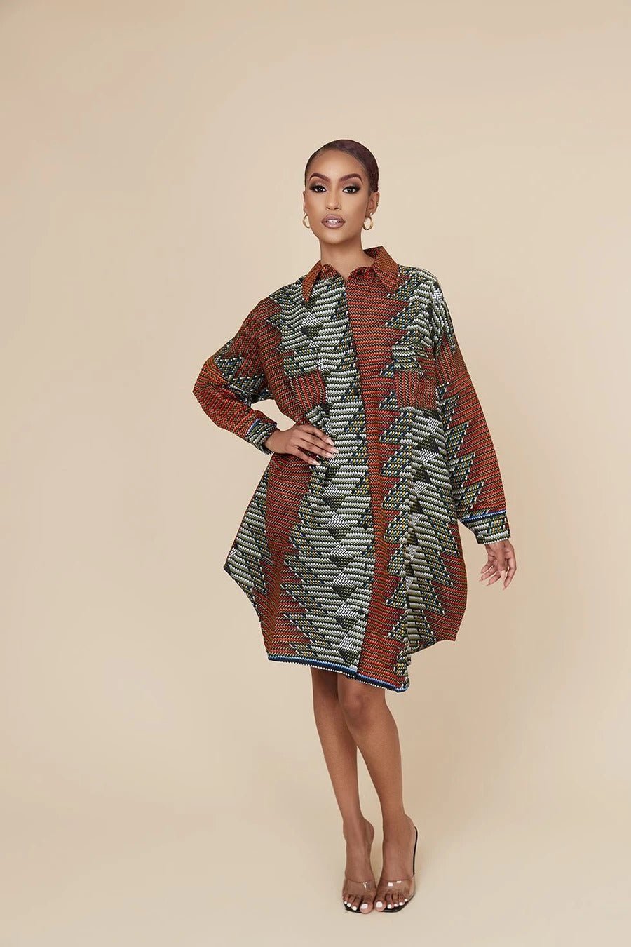 BROWN GOLD AFRICAN ANKARA PRINT PLUS SIZE FITTED FORMAL SHORT PARTY SHIRT DRESS - Africanclothinghub UK, US, Canada