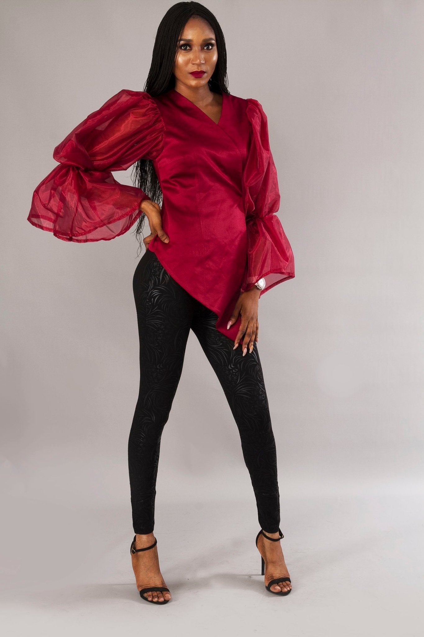 Burgundy Long Bell Sleeve Fitted Statement Party Wrap Top - Africanclothinghub UK, US, Canada