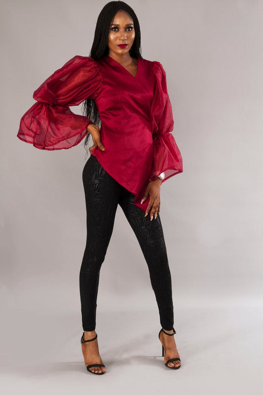 Burgundy Long Bell Sleeve Fitted Statement Party Wrap Top - Africanclothinghub UK, US, Canada