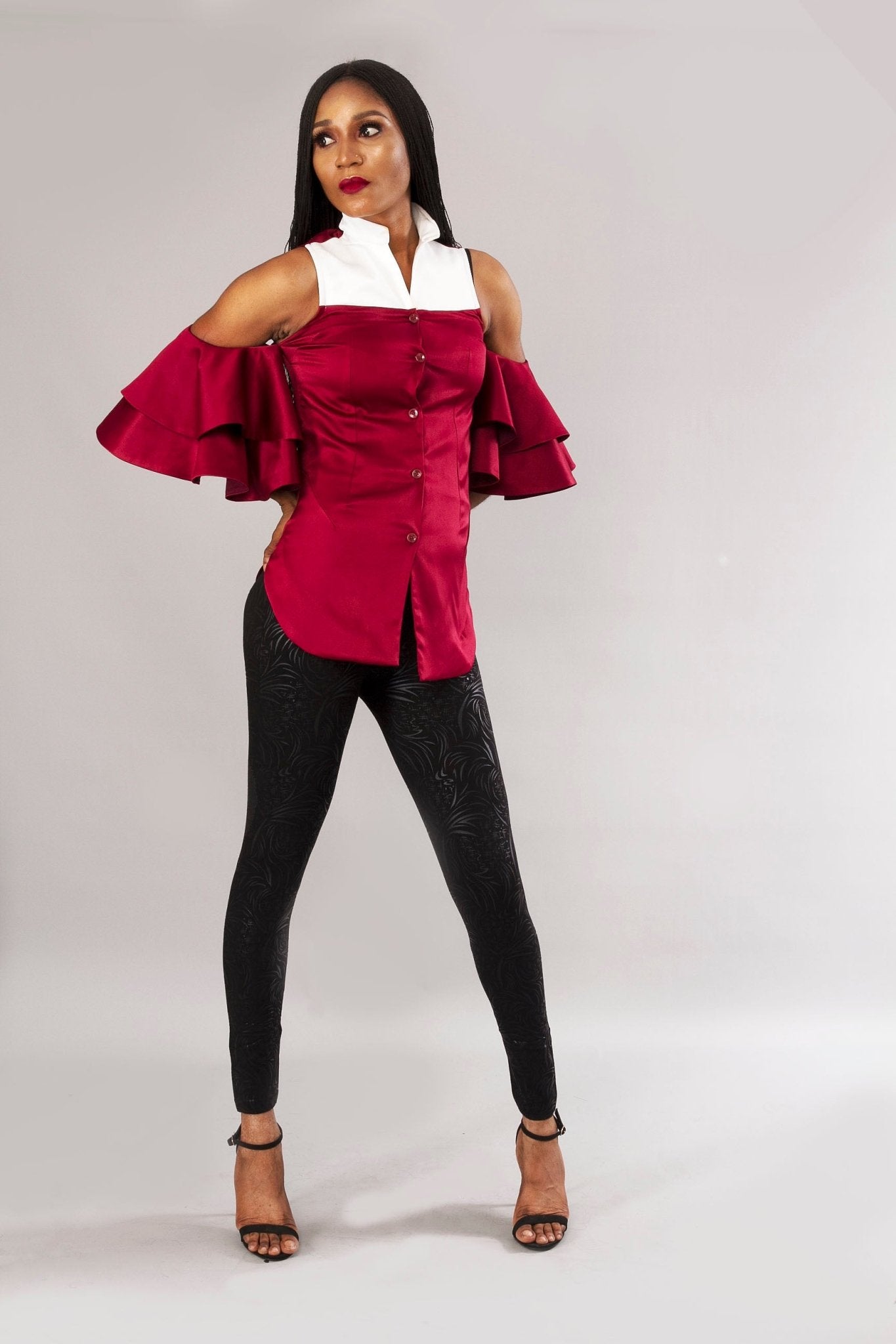 Burgundy White Cold - Shoulder Sleeve Fitted Statement Party Top - Africanclothinghub UK, US, Canada