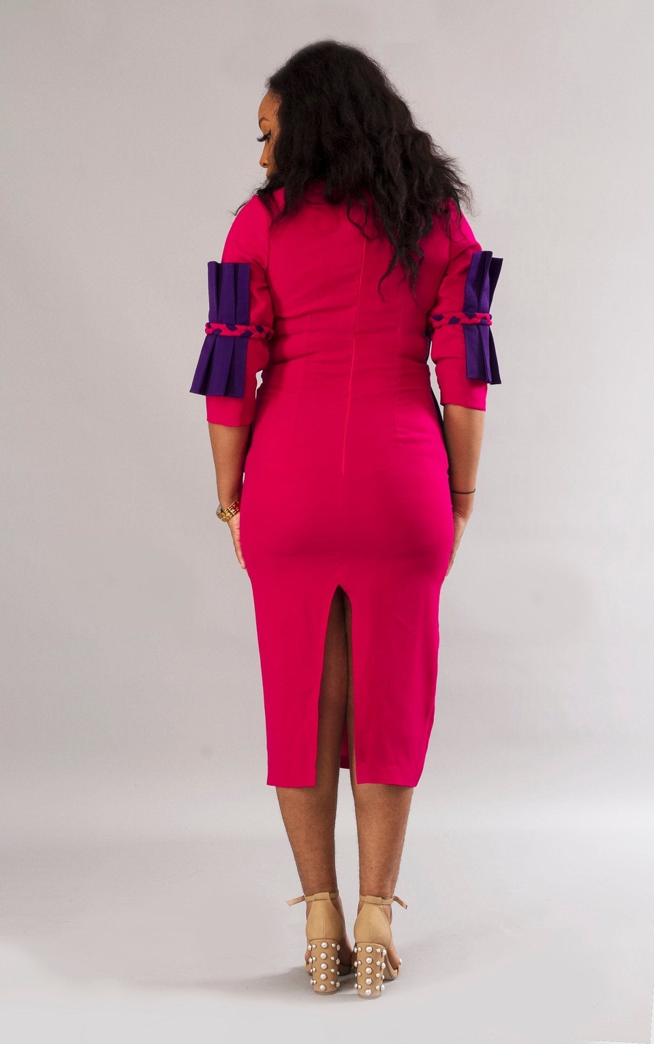 Fuchsia Pink Fitted Formal Midi Party Statement Dress - Africanclothinghub UK, US, Canada