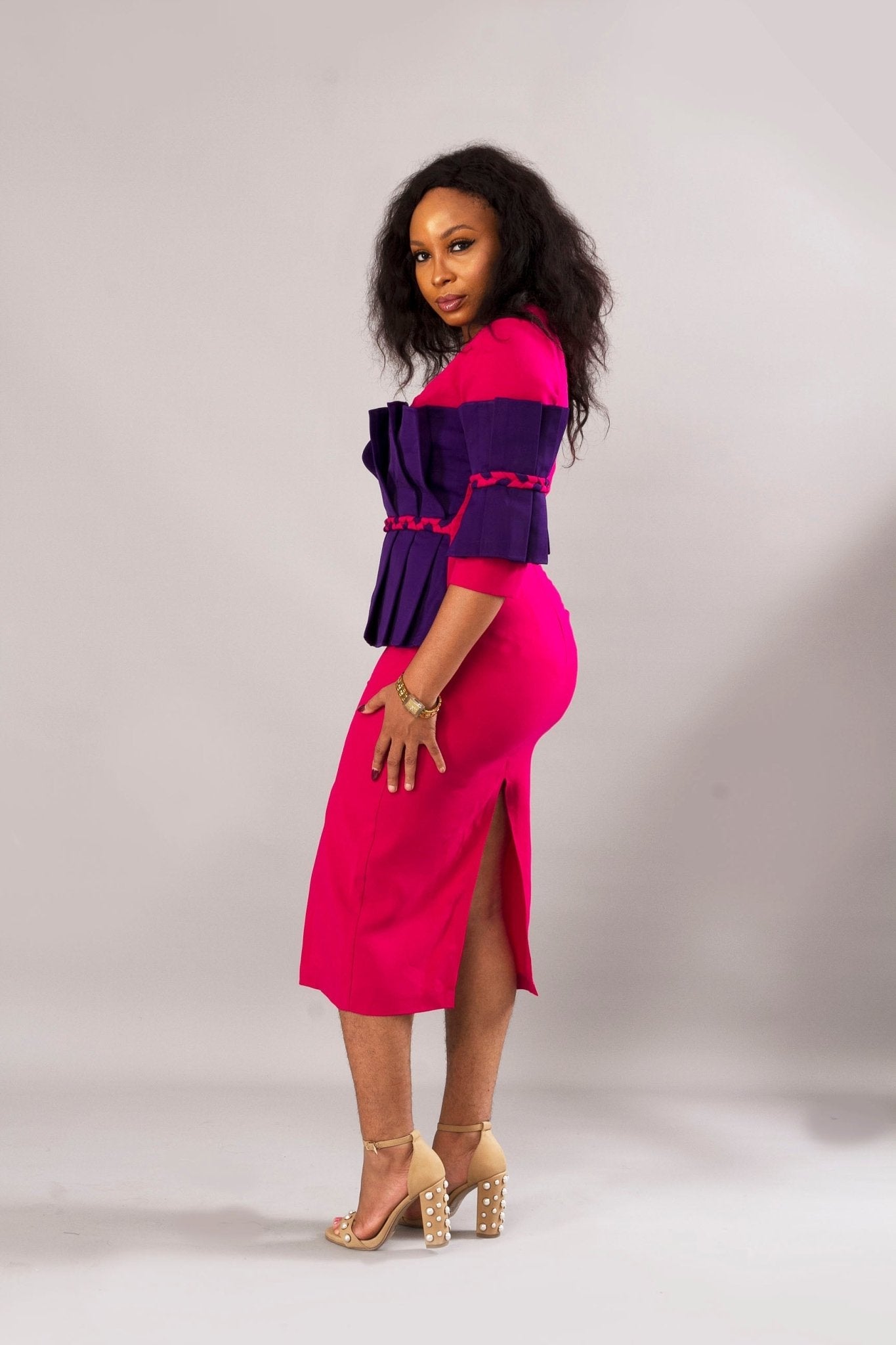 Fuchsia Pink Fitted Formal Midi Party Statement Dress - Africanclothinghub UK, US, Canada