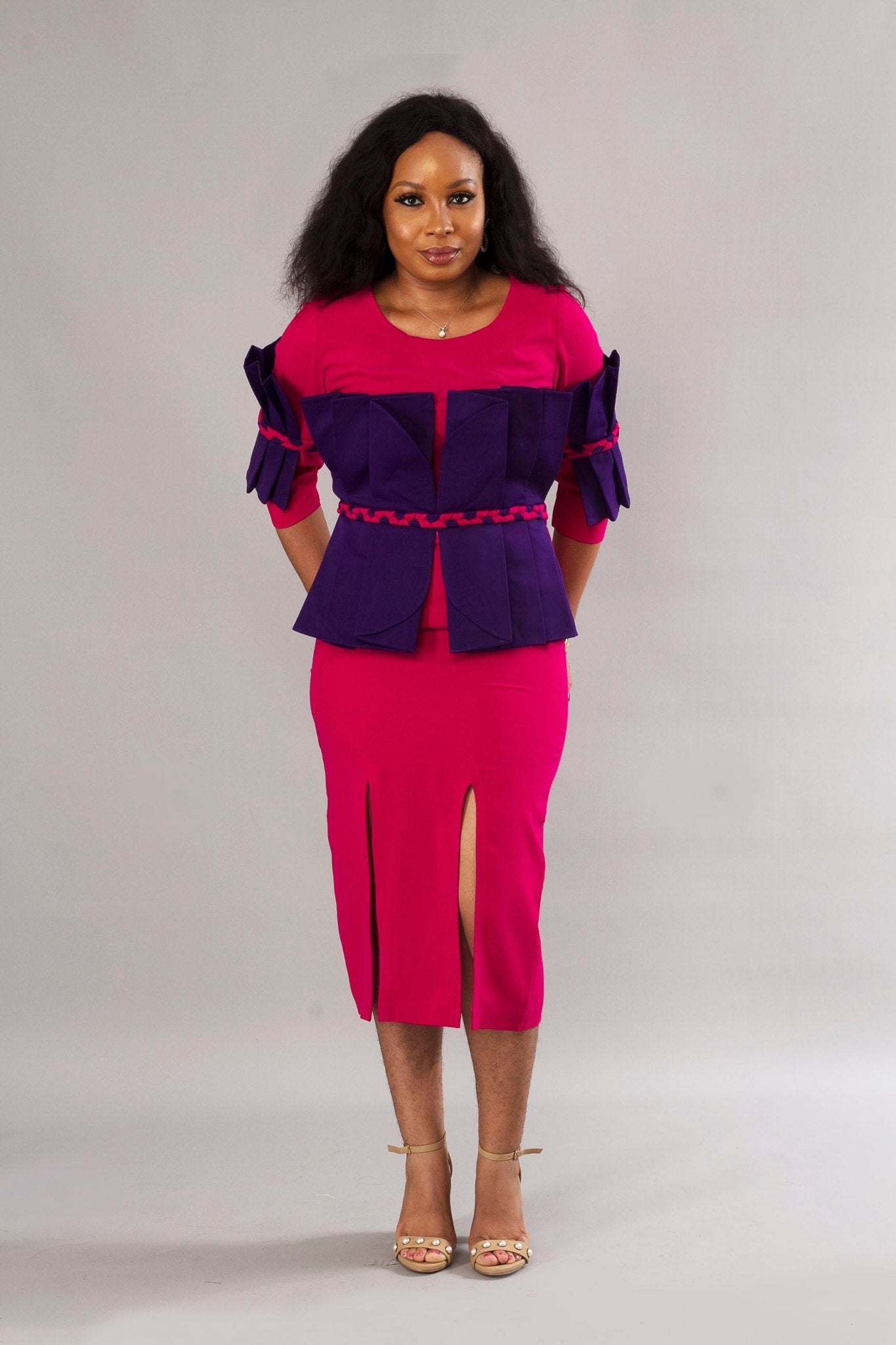 Fuchsia Pink Fitted Formal Midi Party Statement Dress - Africanclothinghub UK, US, Canada