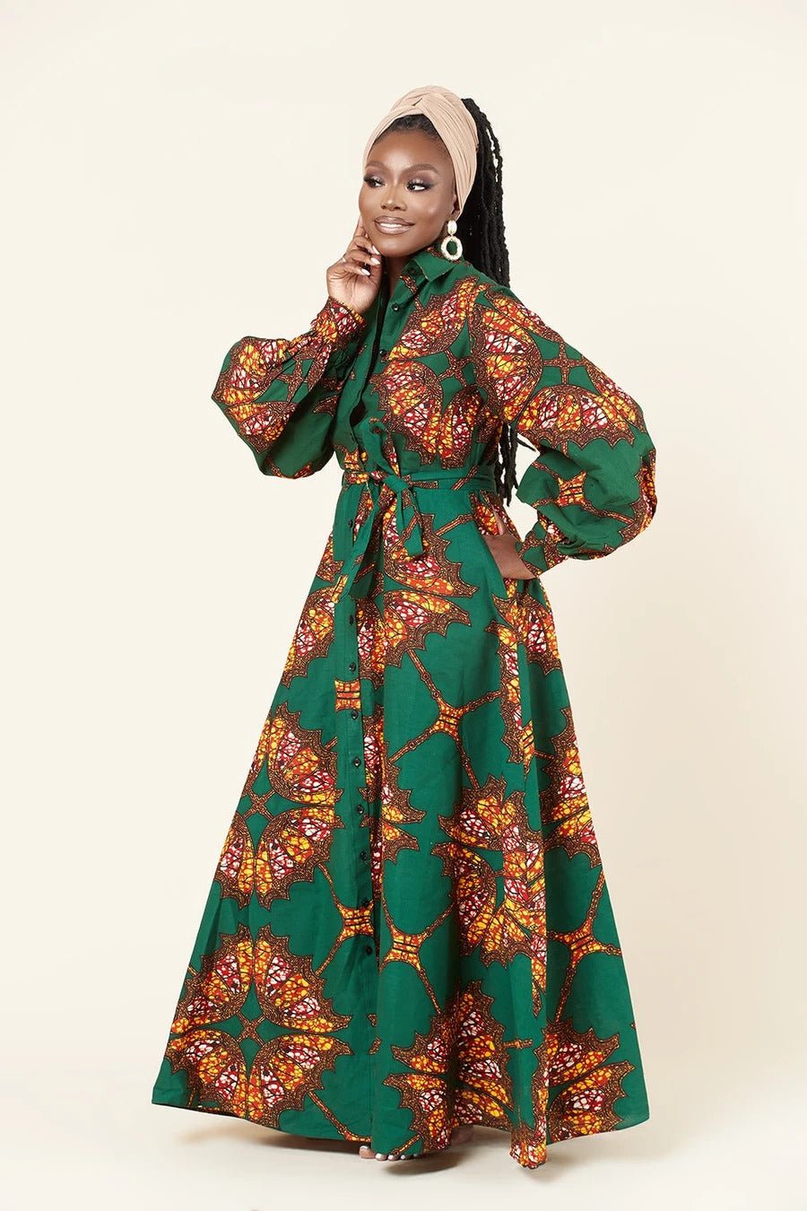 GREEN BROWN PLUS SIZE AFRICAN ANKARA PRINT LONG A LINE SHIRT DRESS - Africanclothinghub UK, US, Canada