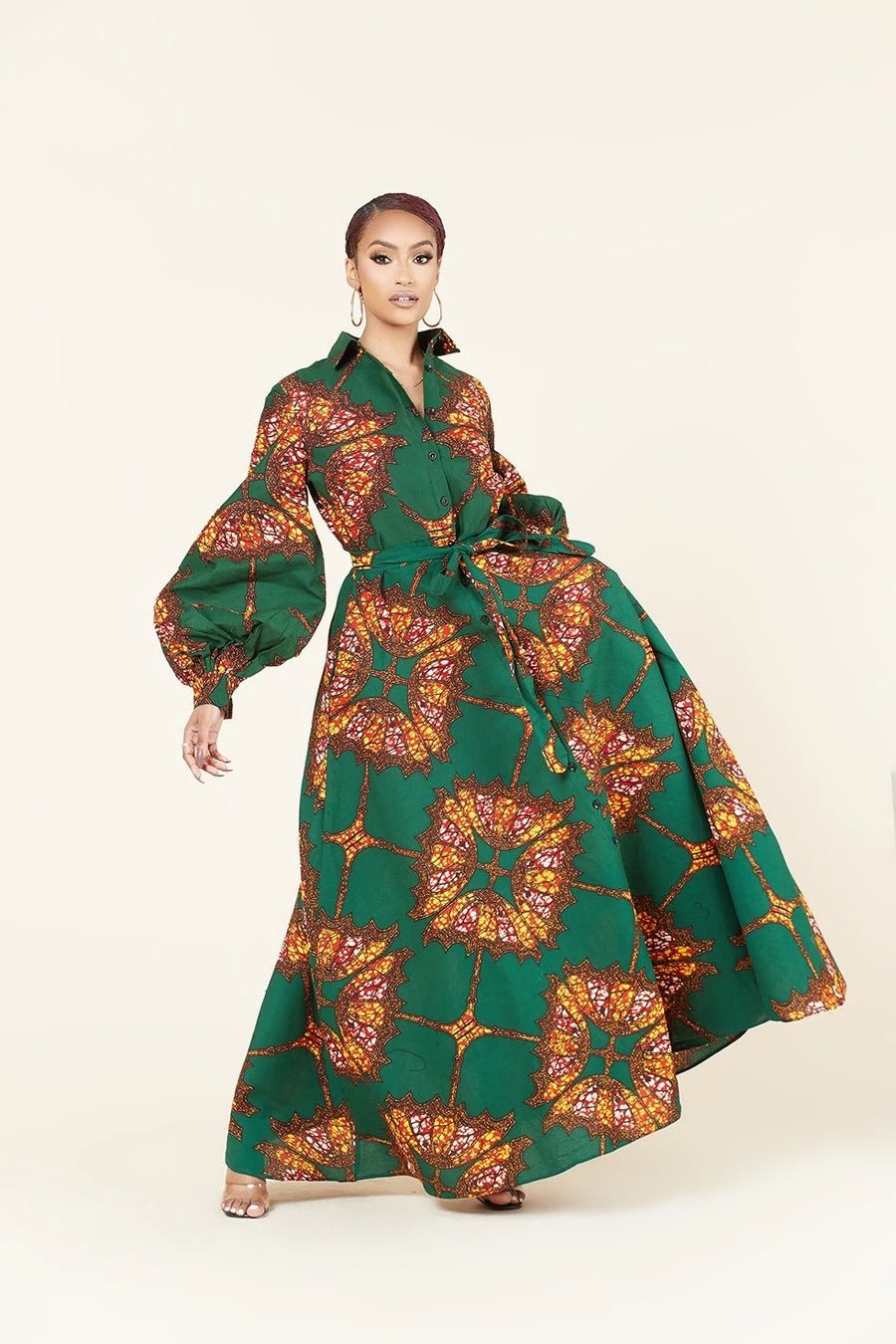 GREEN BROWN PLUS SIZE AFRICAN ANKARA PRINT LONG A LINE SHIRT DRESS - Africanclothinghub