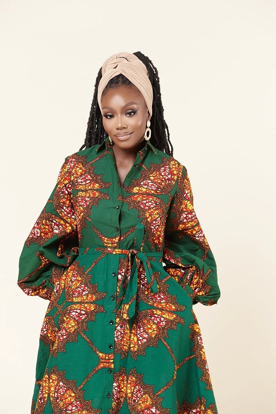 GREEN BROWN PLUS SIZE AFRICAN ANKARA PRINT LONG A LINE SHIRT DRESS - Africanclothinghub