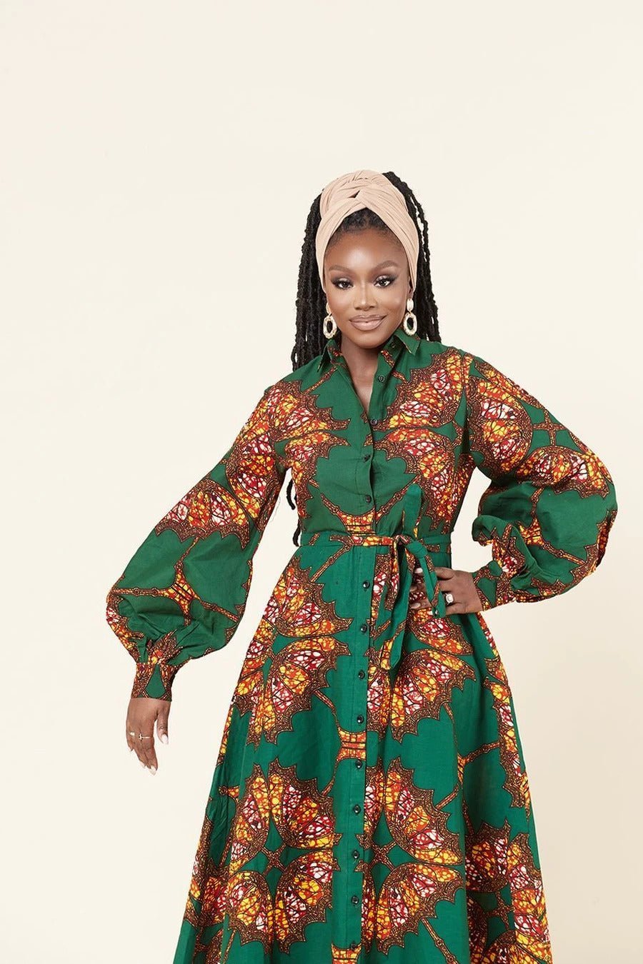 GREEN BROWN PLUS SIZE AFRICAN ANKARA PRINT LONG A LINE SHIRT DRESS - Africanclothinghub