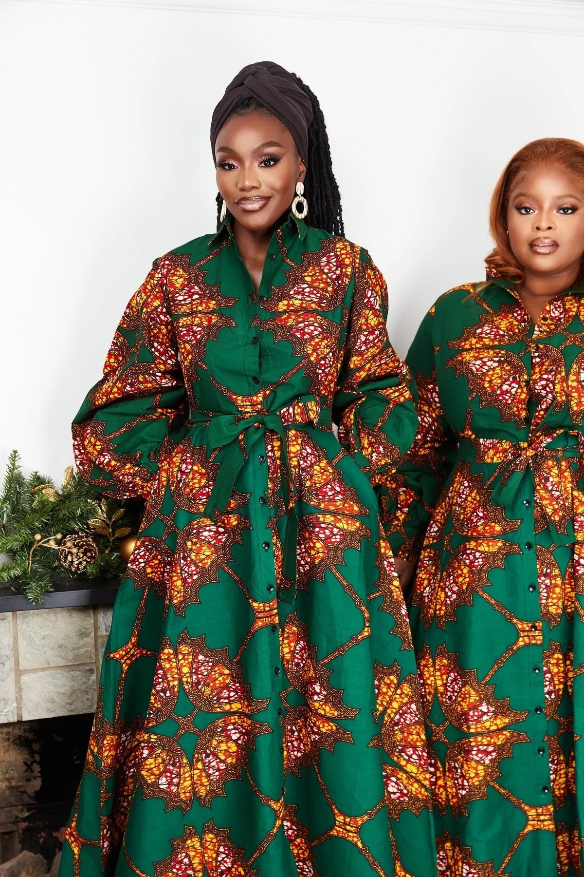 GREEN BROWN PLUS SIZE AFRICAN ANKARA PRINT LONG A LINE SHIRT DRESS - Africanclothinghub