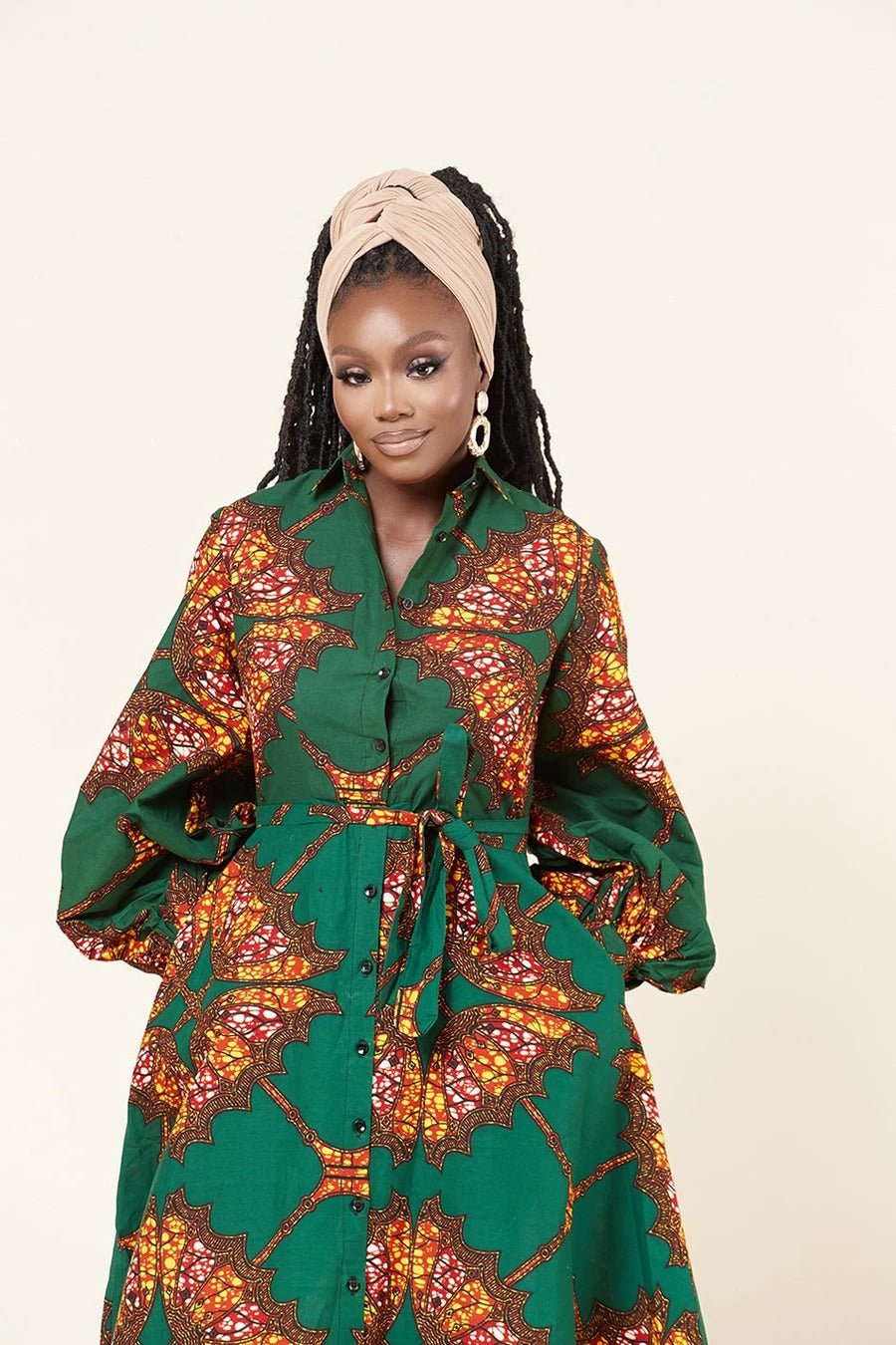 GREEN BROWN PLUS SIZE AFRICAN ANKARA PRINT LONG A LINE SHIRT DRESS - Africanclothinghub UK, US, Canada