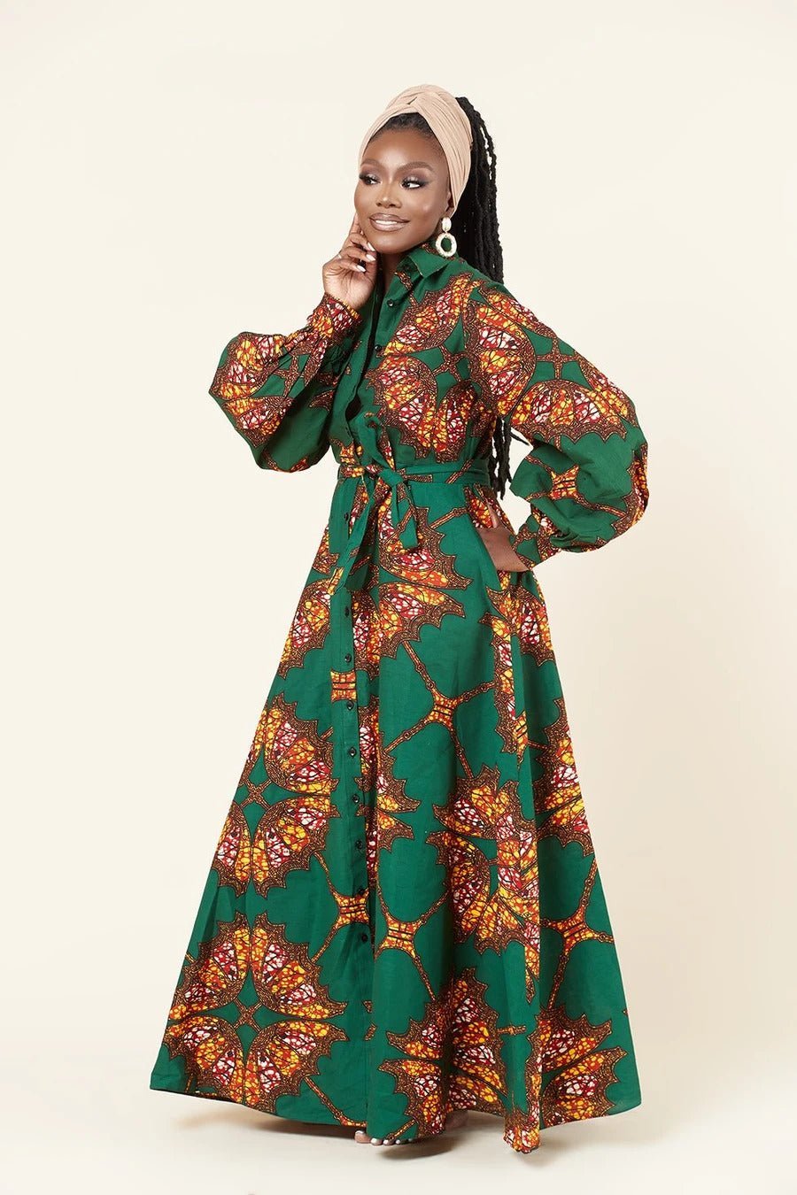 GREEN BROWN PLUS SIZE AFRICAN ANKARA PRINT LONG A LINE SHIRT DRESS - Africanclothinghub