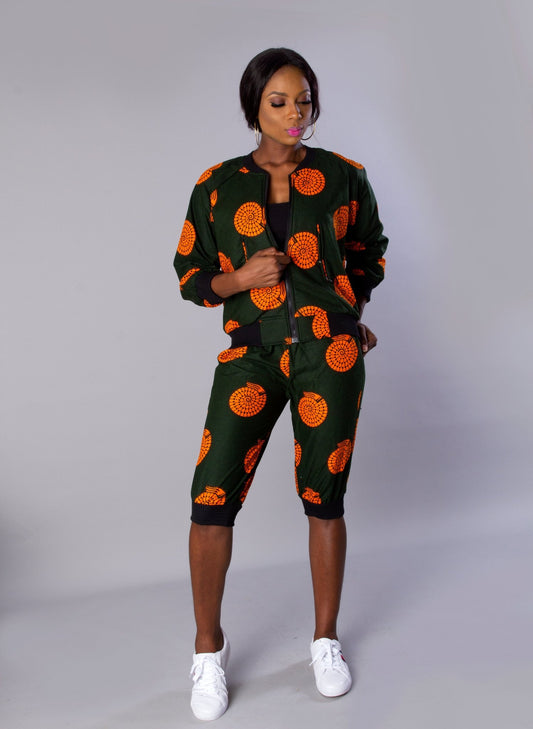 Green Orange African Ankara Print Plus Size Bomber Jacket Set/African Print jogger set/Ankara Print Two - Print clothing - Africanclothinghub UK, US, Canada