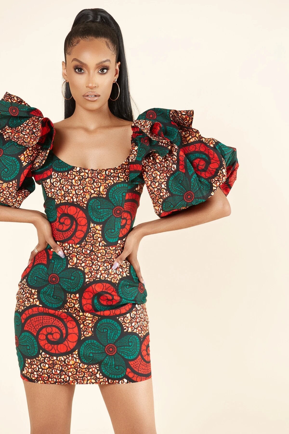 GREEN RED MULTI AFRICAN ANKARA PRINT PLUS SIZE SHORT PARTY DRESS - Africanclothinghub UK, US, Canada