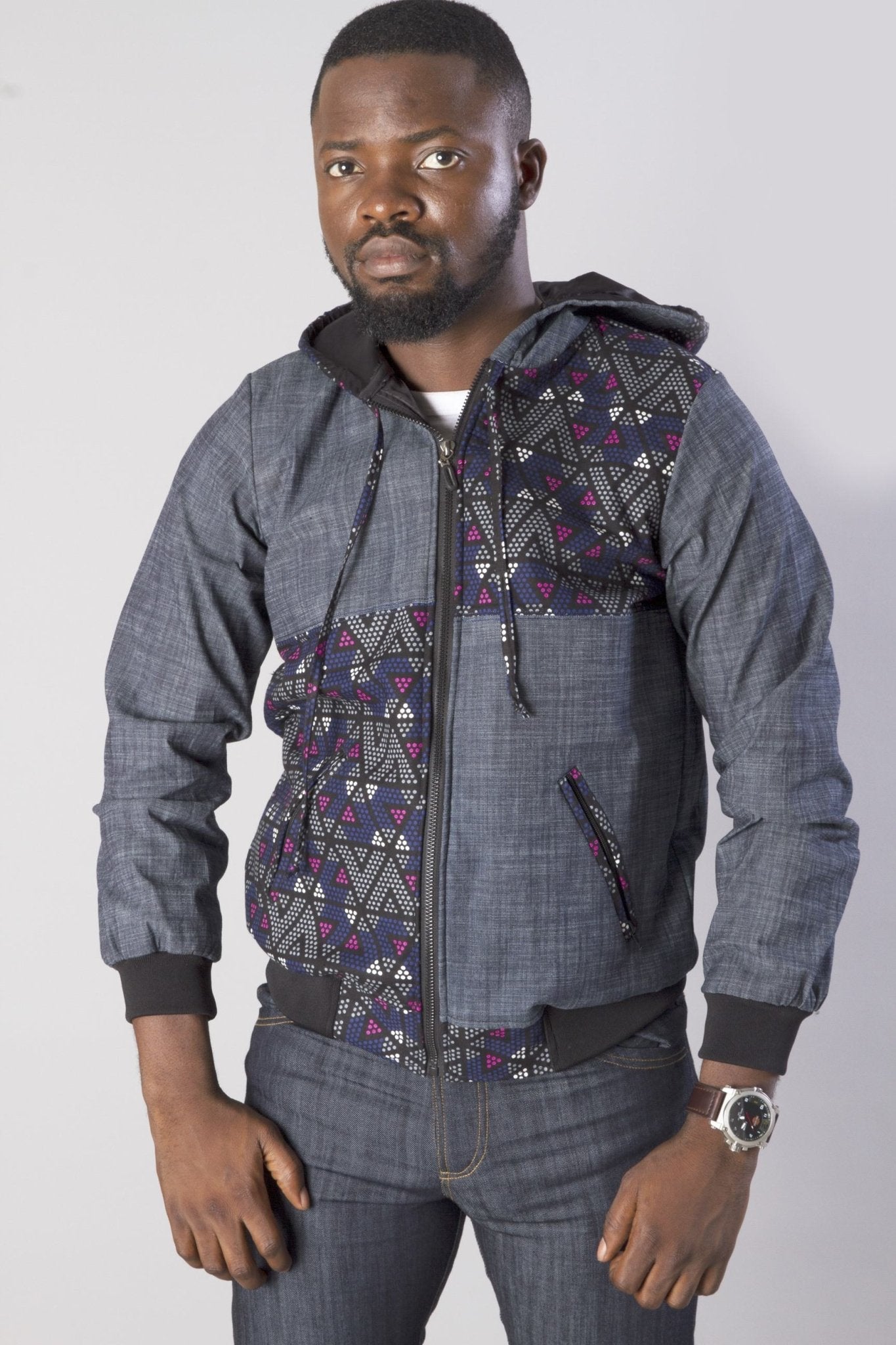 GREY JEAN AFRICAN ANKARA BOMPER JACKET HOODIE - Africanclothinghub