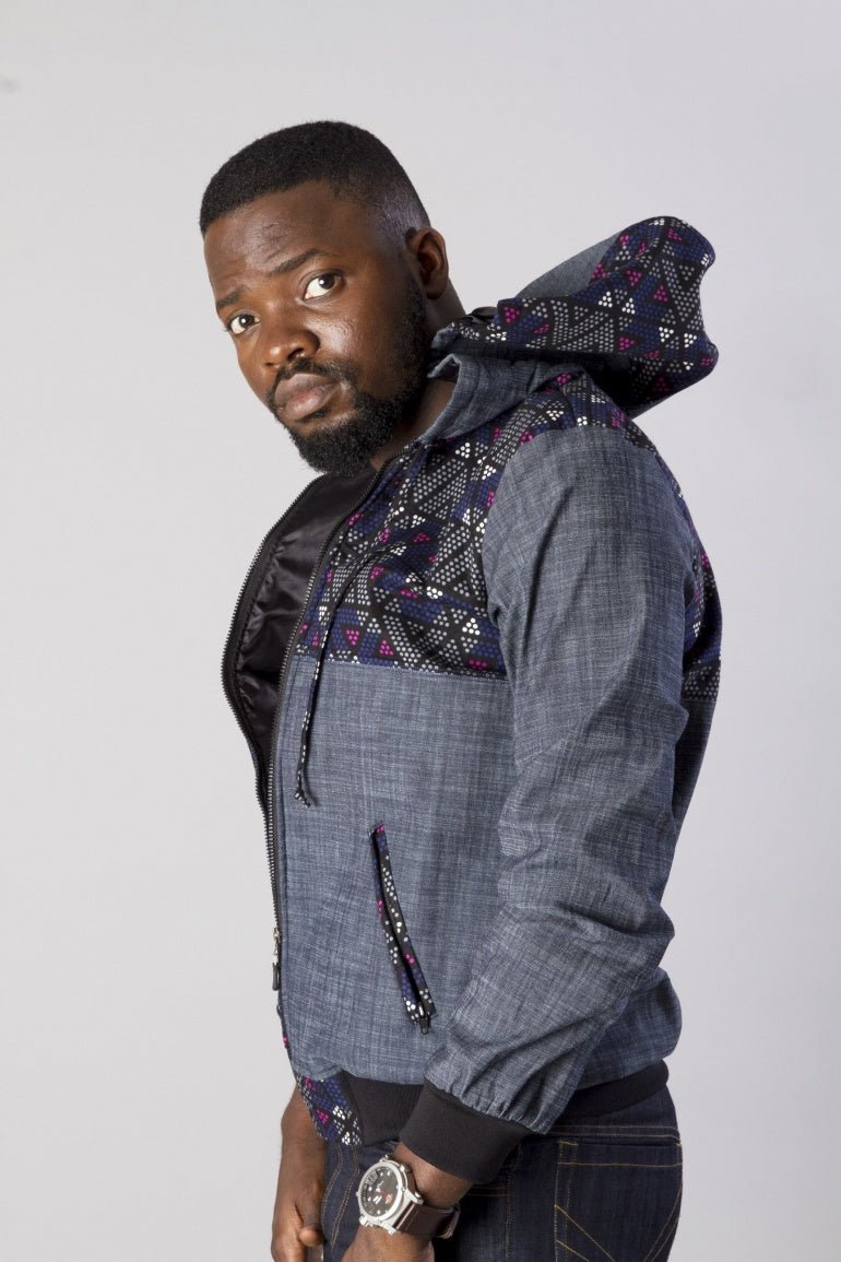 GREY JEAN AFRICAN ANKARA BOMPER JACKET HOODIE - Africanclothinghub UK, US, Canada