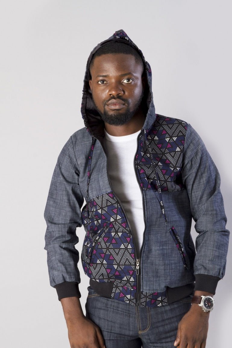 GREY JEAN AFRICAN ANKARA BOMPER JACKET HOODIE - Africanclothinghub