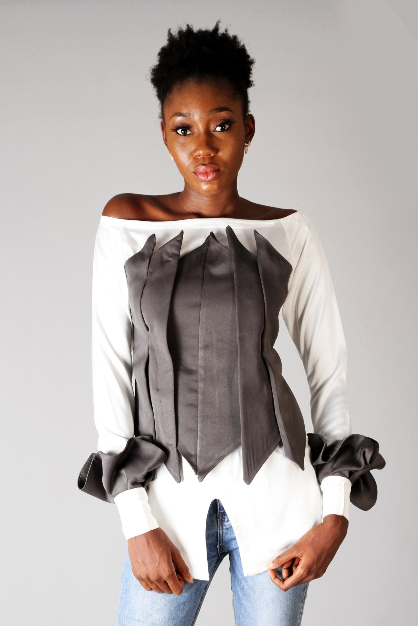 Grey Long Sleeve Fitted Statement Party Top - Africanclothinghub