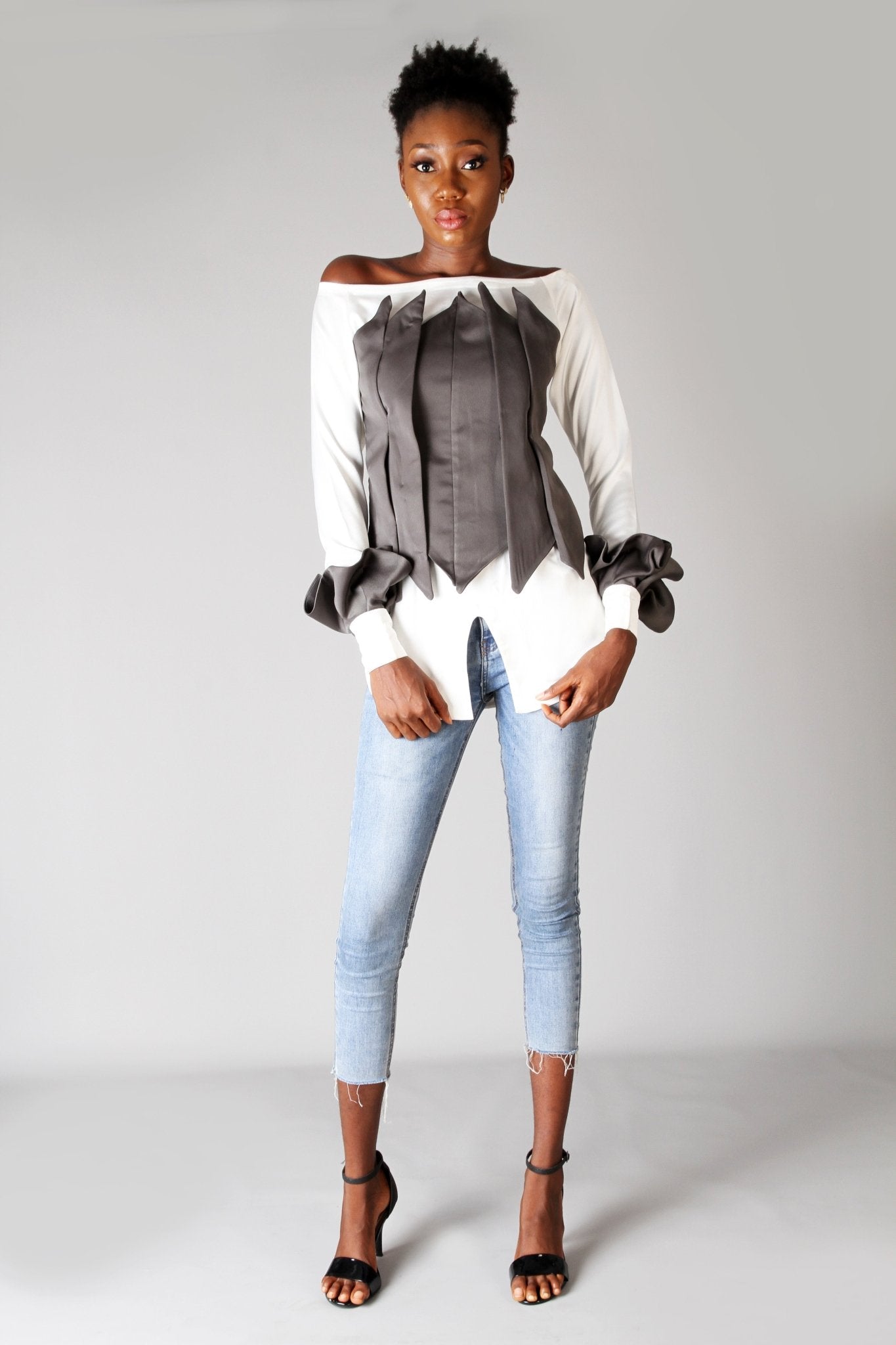 Grey Long Sleeve Fitted Statement Party Top - Africanclothinghub