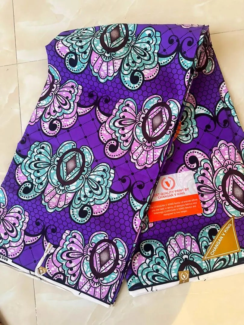 Purple African Ankara Print Round Neck Maxi Dress With Side Sash