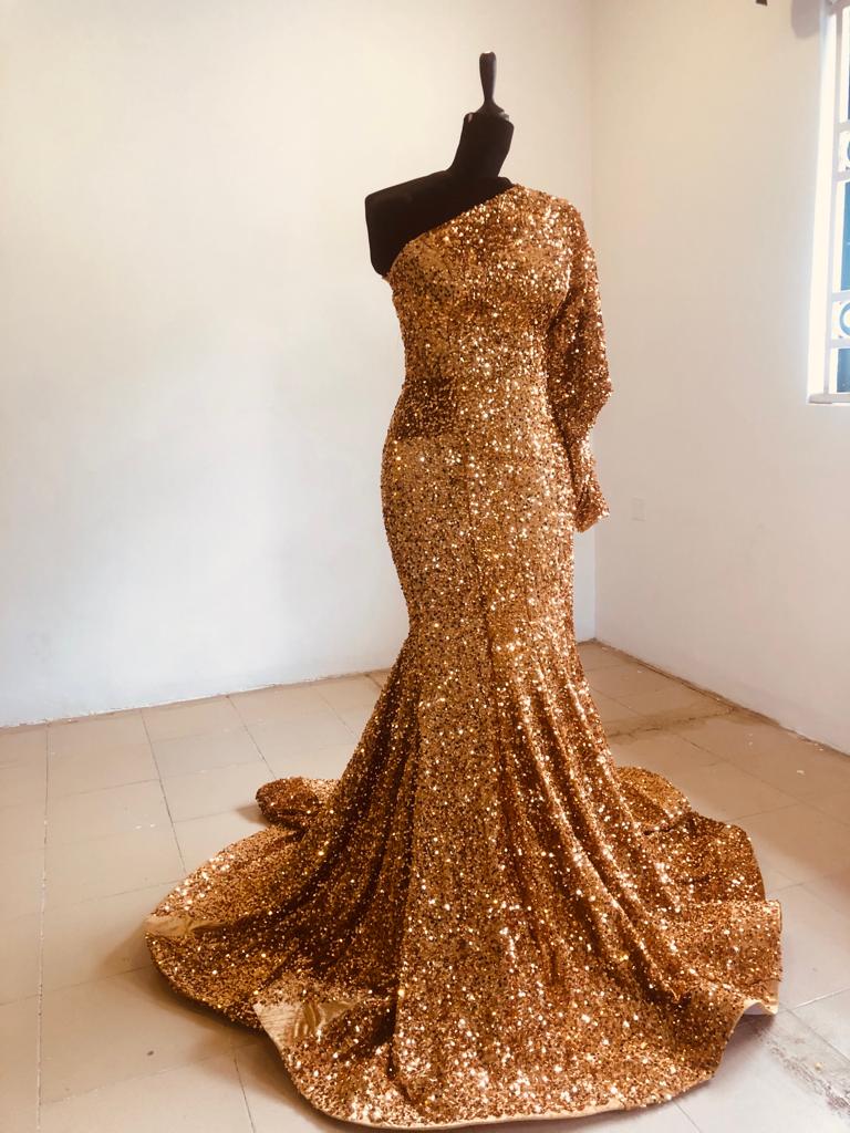 Made To Measure Gold Sequin Off Shoulder Party Maxi Dress, Custom Made Maxi dress, Bespoke, Wedding Reception , Prom Maxi dress - Africanclothinghub