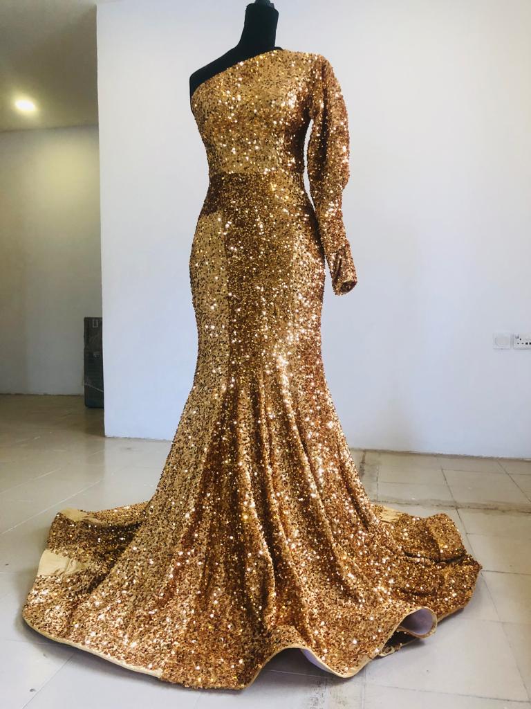 Made To Measure Gold Sequin Off Shoulder Party Maxi Dress, Custom Made Maxi dress, Bespoke, Wedding Reception , Prom Maxi dress - Africanclothinghub