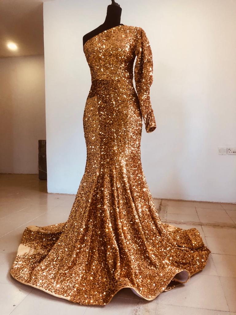 Made To Measure Gold Sequin Off Shoulder Party Maxi Dress, Custom Made Maxi dress, Bespoke, Wedding Reception , Prom Maxi dress - Africanclothinghub