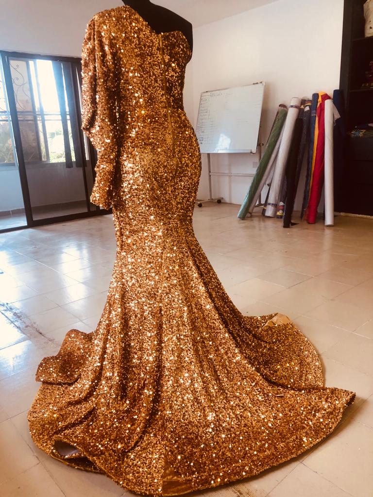 Made To Measure Gold Sequin Off Shoulder Party Maxi Dress, Custom Made Maxi dress, Bespoke, Wedding Reception , Prom Maxi dress - Africanclothinghub