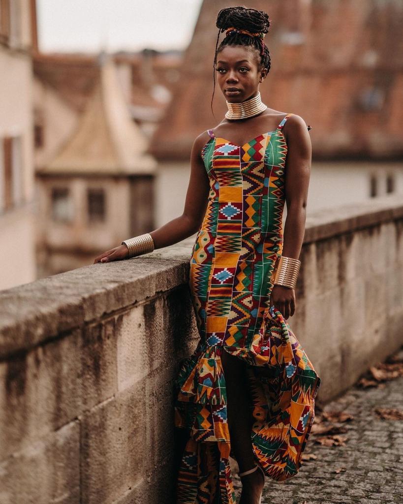 Mustard Yellow Plus Size African Kente Print Spaghetti Strap Party Dress - Africanclothinghub