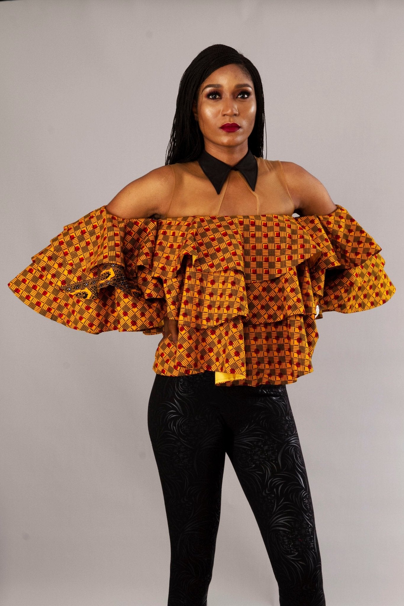 Mustard Yellow Triple Flare African Ankara Party Top - Africanclothinghub