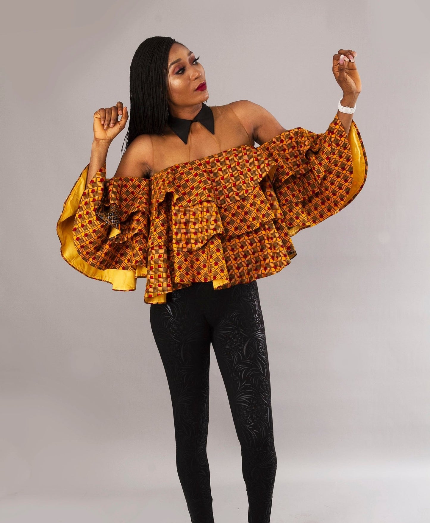 Mustard Yellow Triple Flare African Ankara Party Top - Africanclothinghub